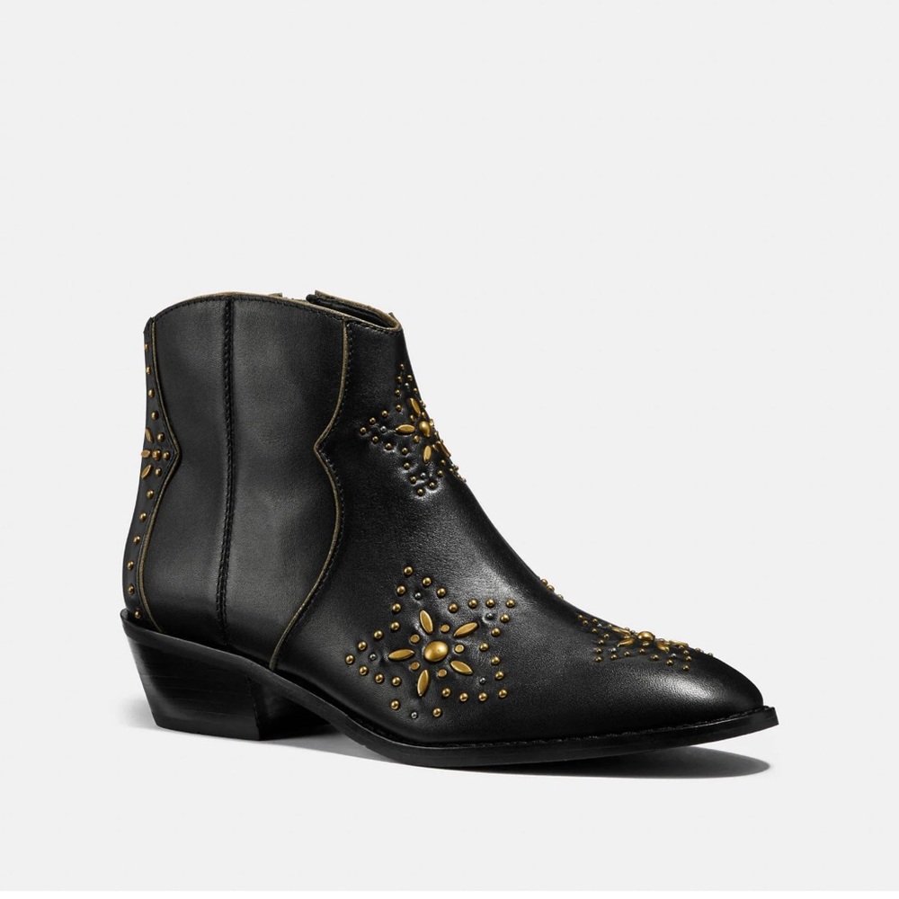 Coach Booties Womens 6 Dillon Black Leather Gold Studded Star Boots